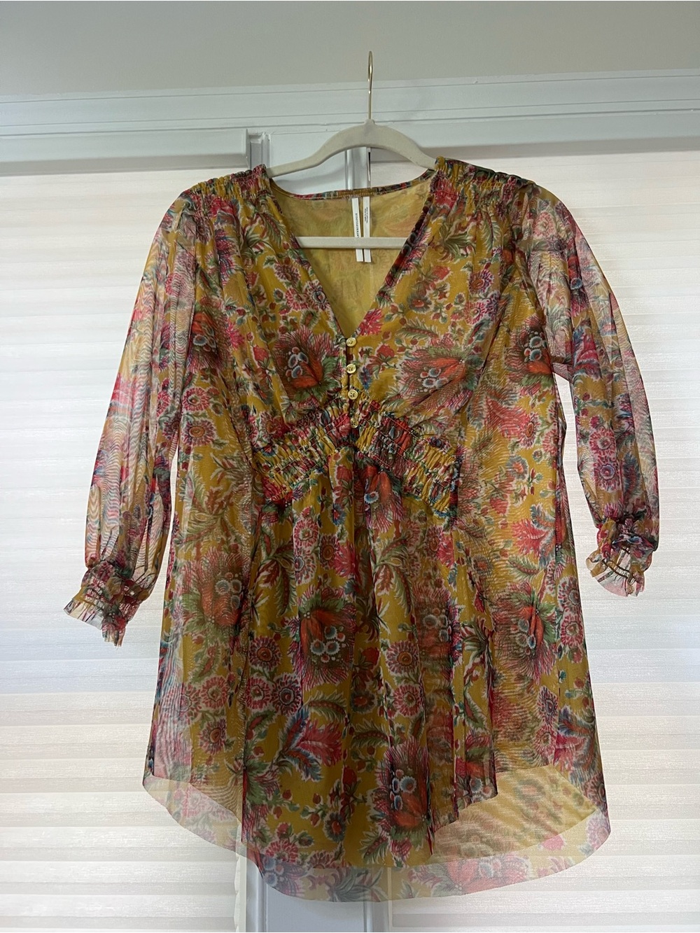 Anthropologie Floral Sheer V-Neck Blouse in Mustard and Pink